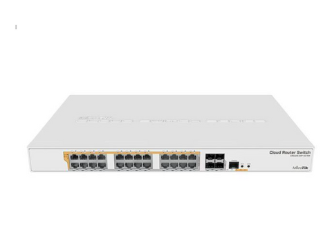 Mikrotik CRS328-24P-4S+RM 24 port Gigabit Ethernet router/switch with four 10Gbps SFP+ ports in 1U rackmount case, Dual Boot and PoE output, 500W