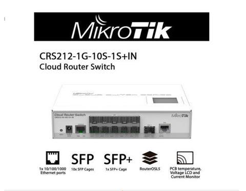 MikroTik - CRS212-1G-10S-1S+IN - Cloud Router Switch 212-1G-10S-1S+IN with Atheros QC8519 400MHz CPU, 64MB RAM, 1x