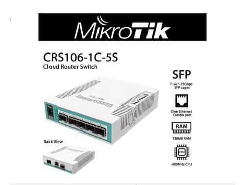 MikroTik - CRS106-1C-5S - Cloud Router Switch 106-1C-5S with QCA8511 400MHz CPU, 128MB RAM, 1x Combo port (Gigabit