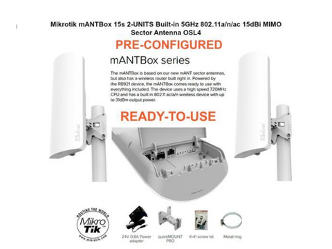 Mikrotik mANTBox 15s 2-UNITS PRE-CONFIGURED 5GHz 802.11ac 15dBi Sector Antenna