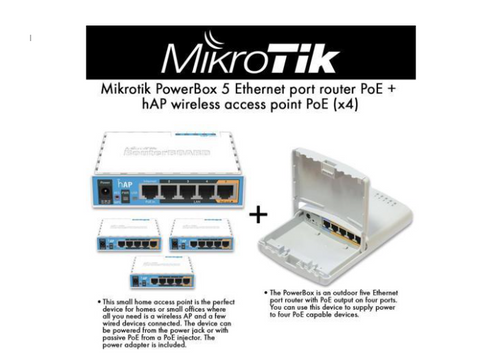Mikrotik PowerBox RB750P-PBr2 5 Ethernet port router PoE + hAP RB951Ui-2nD wireless access point PoE (x4)