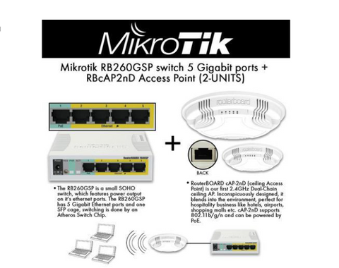 Mikrotik RB260GSP switch PoE injector, Gigabit + RBcAP2nD Access Point PoE (x2)