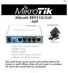MikroTik RB951Ui-2nD hAP Indoor Wireless Router, 802.11b/g/n, 64MB RAM, 650MHz