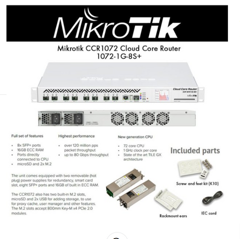 Mikrotik CCR1072 Cloud Core Router 1072-1G-8S+ 72-cores 1.2Ghz 16GB 8xSFP+ OSL6