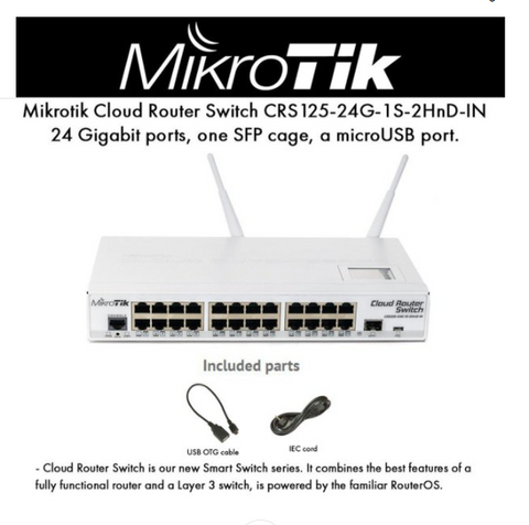 MikroTik CRS125-24G-1S-2HnD-IN, 4dBi, 30dBm, 600MHz, 128MB, 2. 4GHz, 24xGigabit, SFP, LCD, microUSB, L5